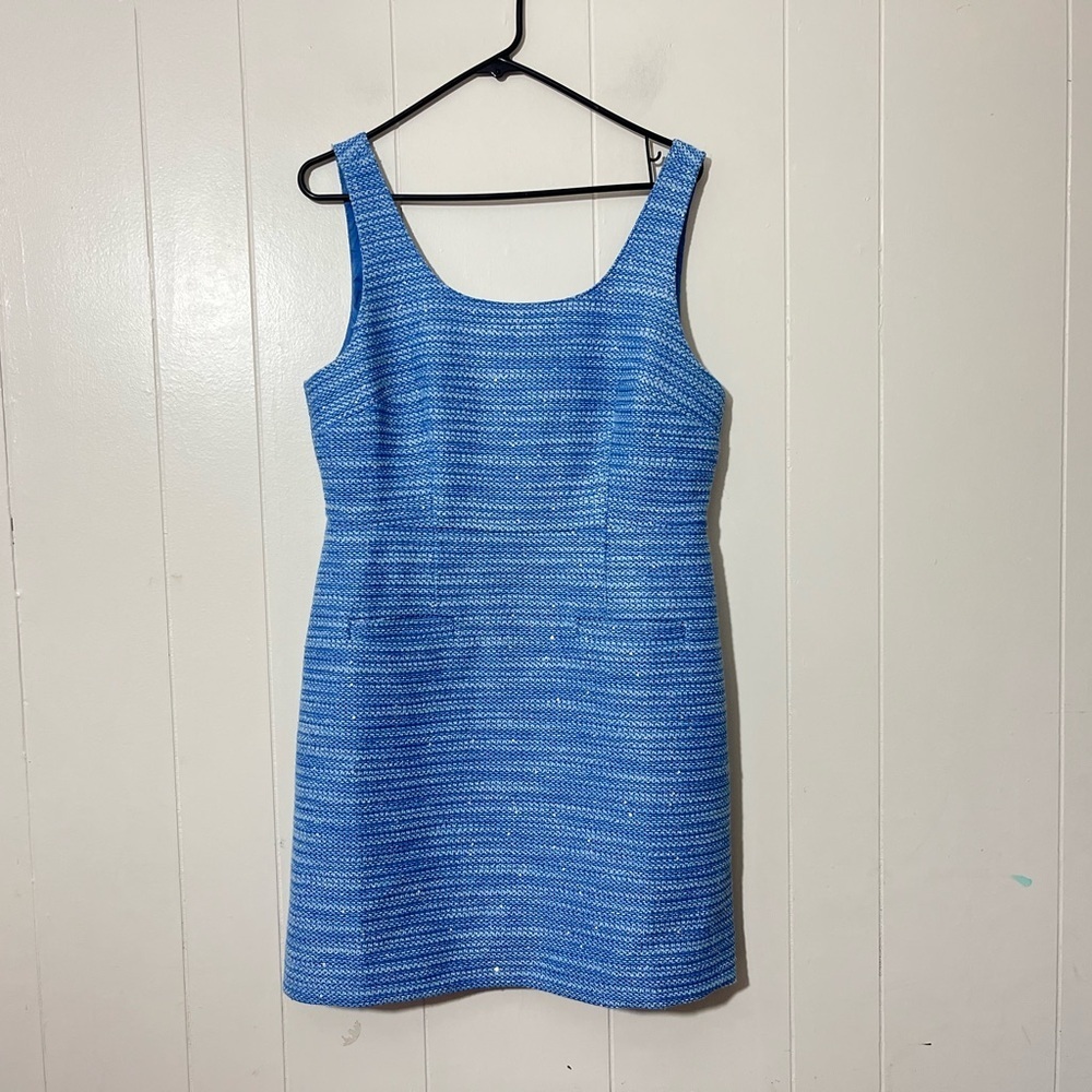 J Crew Collection Blue Mini Sheath Sleeveless Dress in Sequin Tweed Size 10